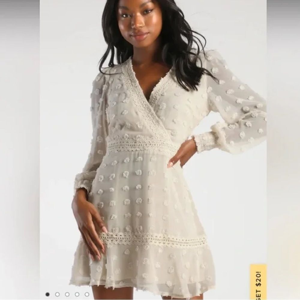 7•NWT Lulus | Might Be Magic | Ivory Clip Dot Long Sleeve Mini Dress | Large